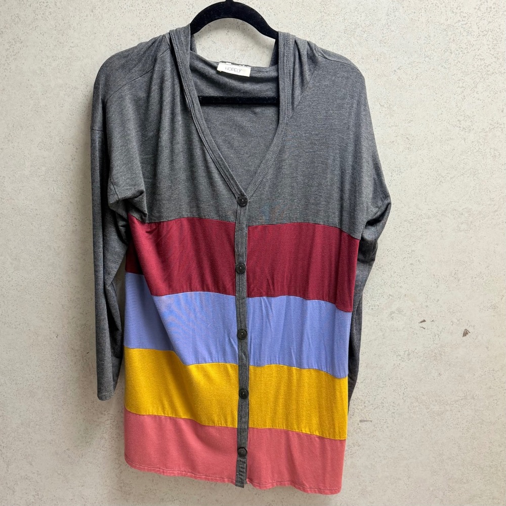 HOPELY Hooded Womens Gray Multicolor Stripe Button Front Long Sleeve Top